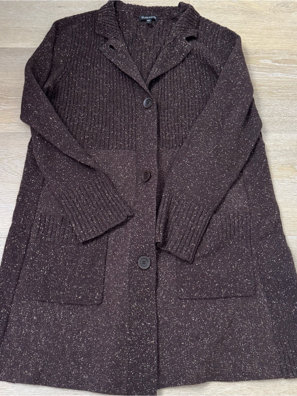 Eileen Fisher Brown Wool Speckled Button-Front Women's Long Sweater Cardigan